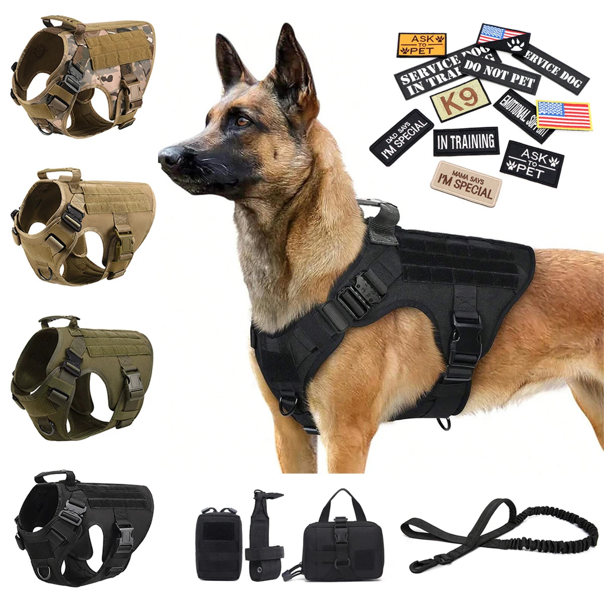 Military Large Dog Harness Collar Leash Bags Patches
