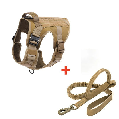 Tan dog harness and leash set on a white background