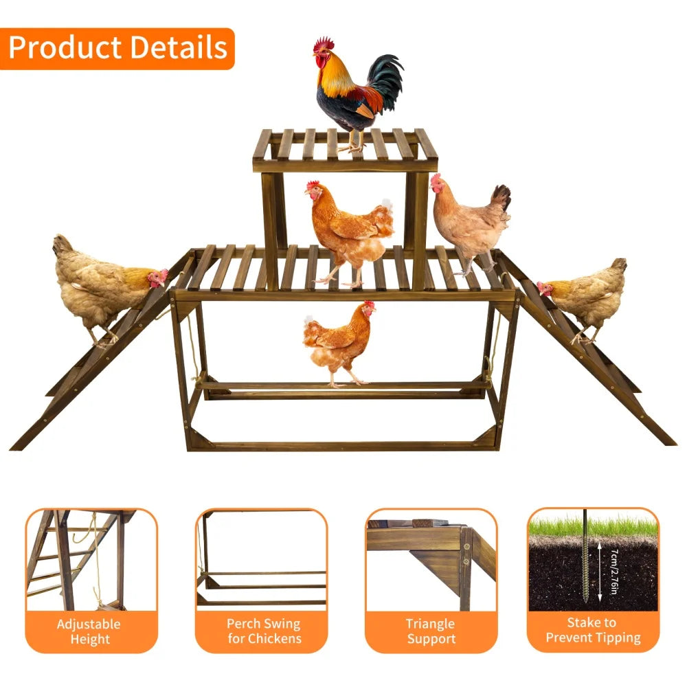 Wooden chicken perch with chickens on a white background