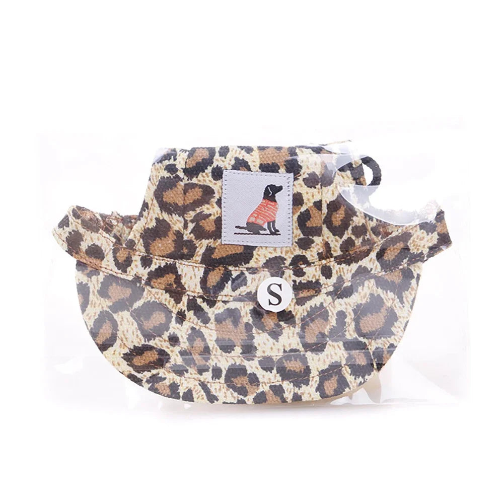 Leopard print pet carrier with a small dog illustration on a white background