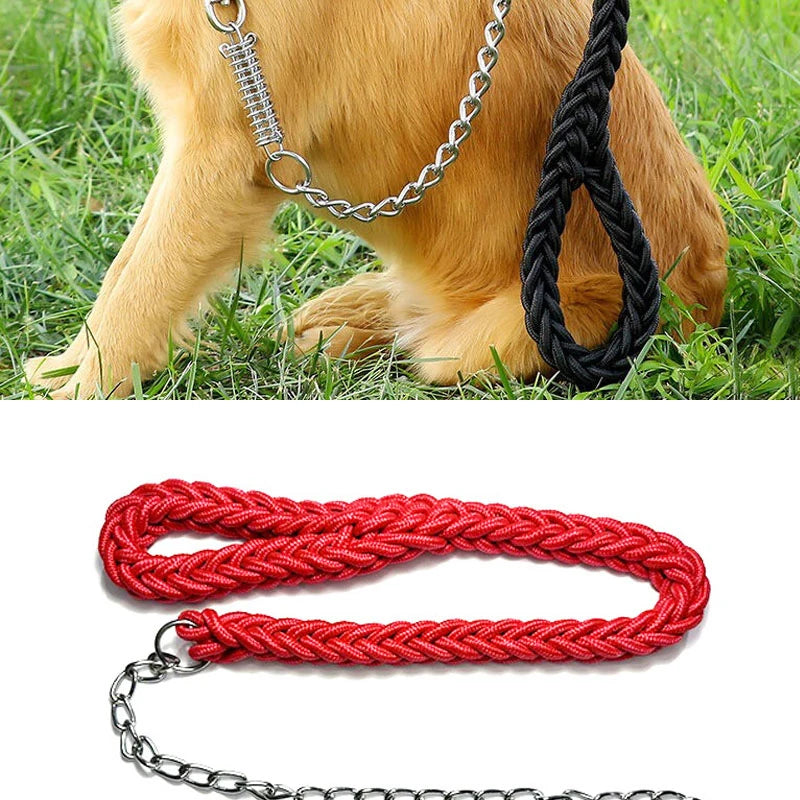 A dog leash shown in two views: a golden retriever wearing a silver chain leash with a black loop handle on grass, and the leash laid out on a white background as a bright red braided rope with a silver metal chain.