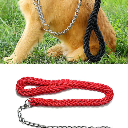 A dog leash shown in two views: a golden retriever wearing a silver chain leash with a black loop handle on grass, and the leash laid out on a white background as a bright red braided rope with a silver metal chain.