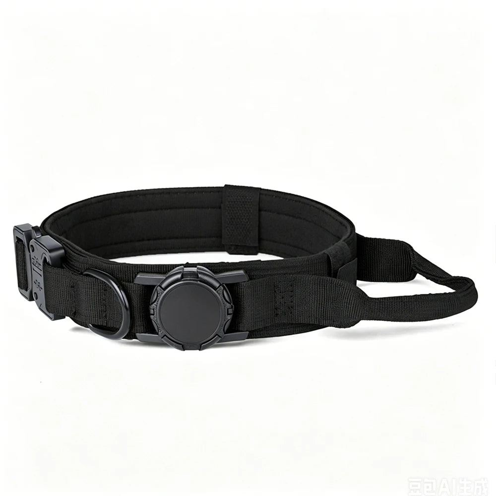 A black tactical belt with a quick-release plastic buckle, a central circular dial, and a webbing strap, shown on a plain white background.