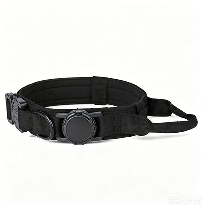 A black tactical belt with a quick-release plastic buckle, a central circular dial, and a webbing strap, shown on a plain white background.