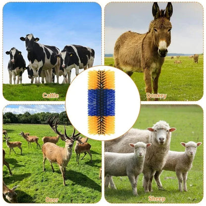 Collage of animals including cows, a donkey, deer, and sheep with a close-up of bristle brush.