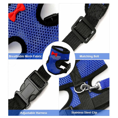 Blue dog harness with breathable mesh fabric, matching belt, adjustable harness, and stainless steel clip on a white background.