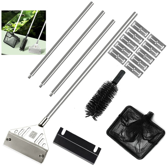 A set of garden weeding tools on a white background, including three long metal handles, a metal weeding plate, a black brush, a black mesh net, several metal guide templates, and a small inset showing the tools in use.