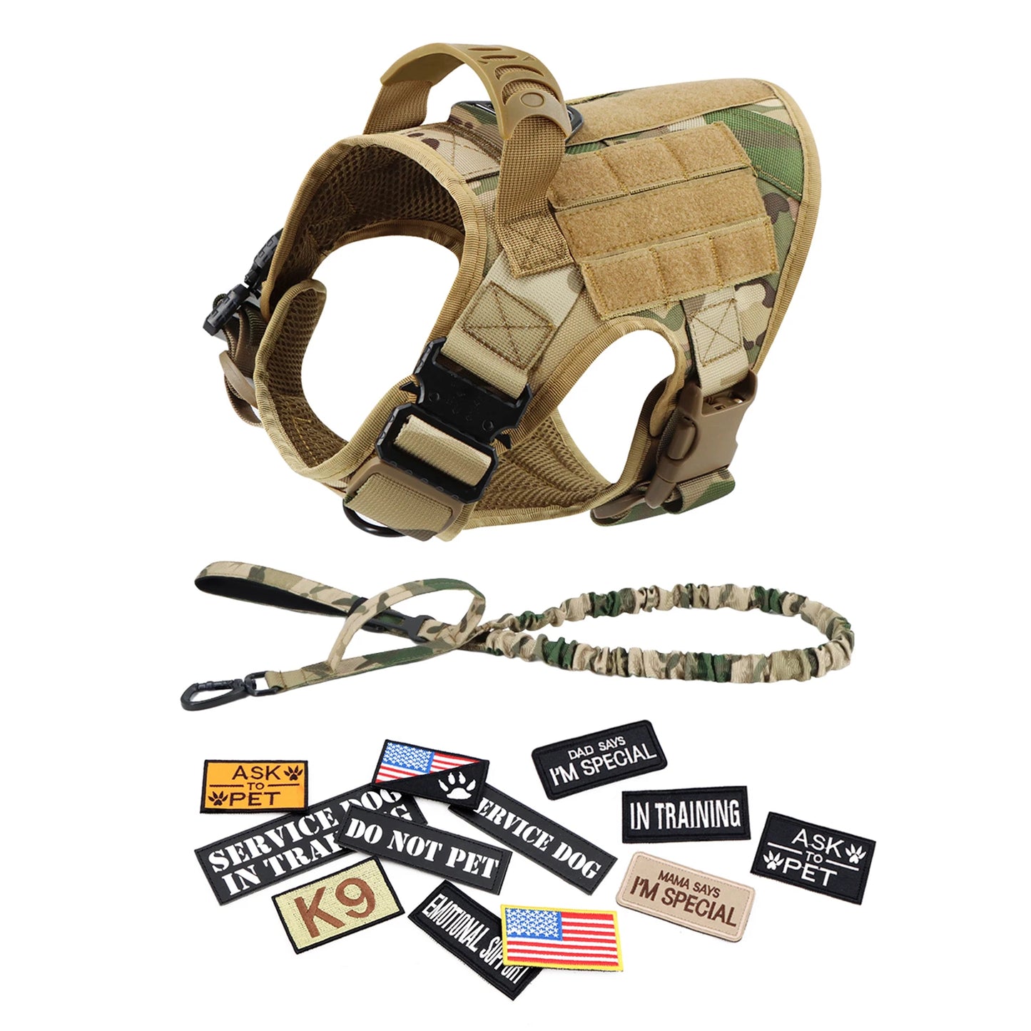 Military Large Dog Harness Collar Leash Bags Patches