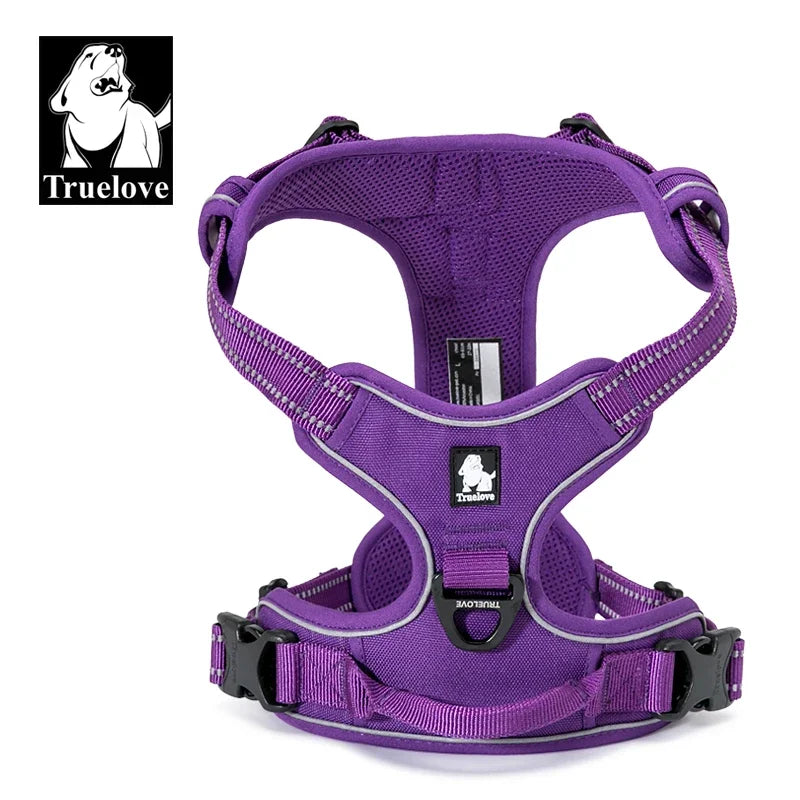 Purple dog harness with visible 'Truelove' branding on a white background