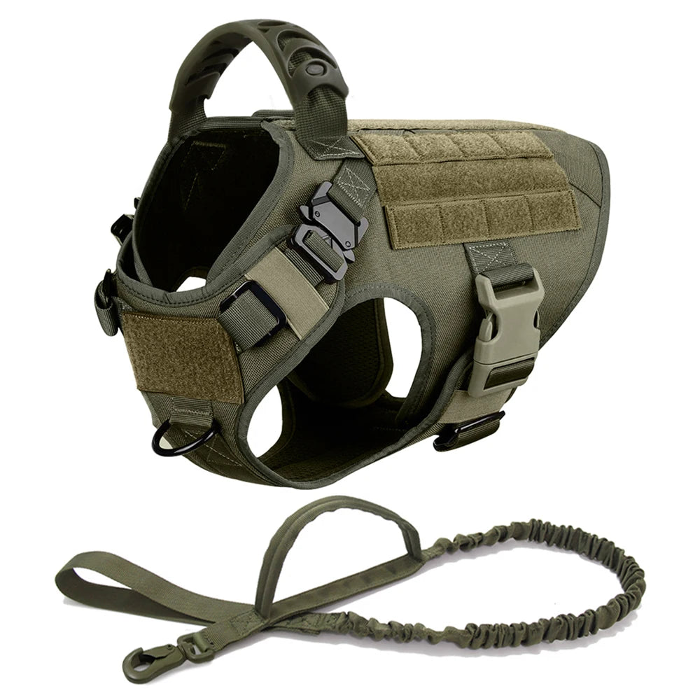 Olive green tactical dog harness with a leash on a white background