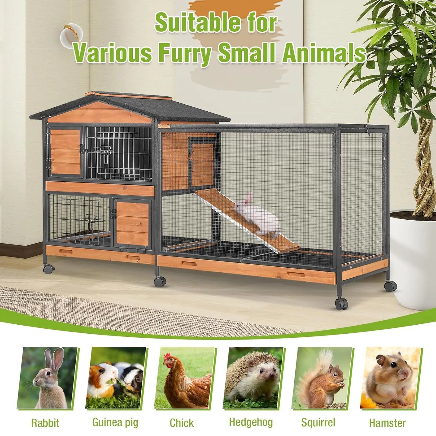 2-Story Rabbit Hutch Full Metal Frame- 62" with 6 locking casters