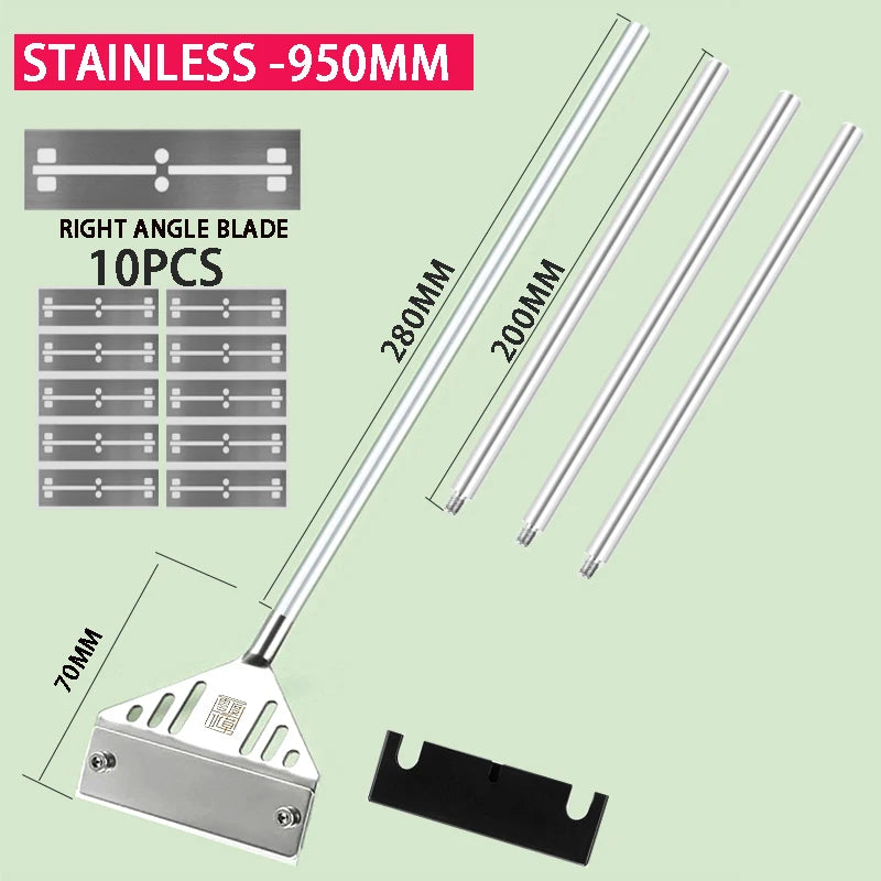 Stainless steel right angle blade set with dimensions on a light green background