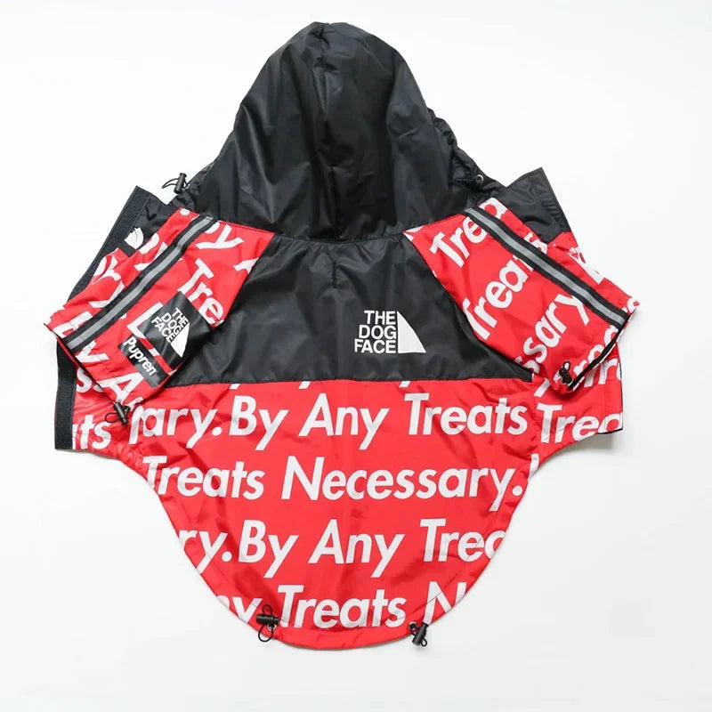 Black and red dog coat with text and brand logo on a white background