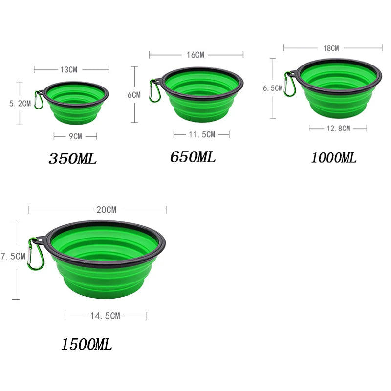 Green collapsible bowls with measurements for different capacities on a white background