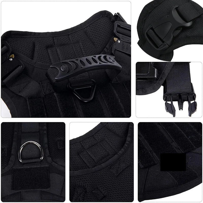 Black tactical vest with various straps and buckles on a white background