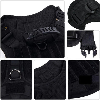 Black tactical vest with various straps and buckles on a white background