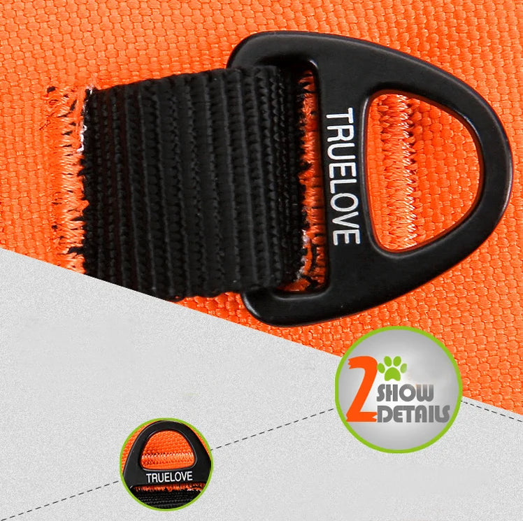 Close-up of a black strap with 'TRUELOVE' branding on an orange background.