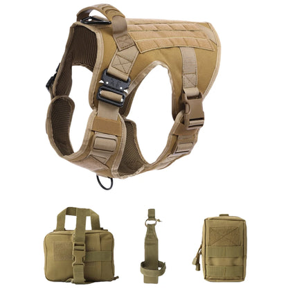 Tan tactical dog harness with additional pouches on a white background