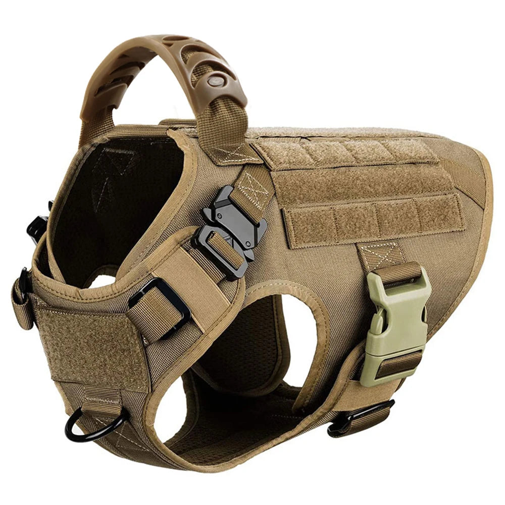 Tan tactical dog harness on a white background