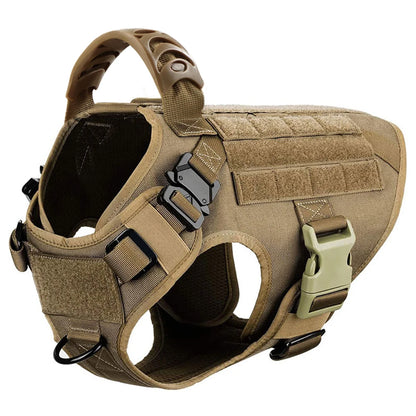Tan tactical dog harness on a white background