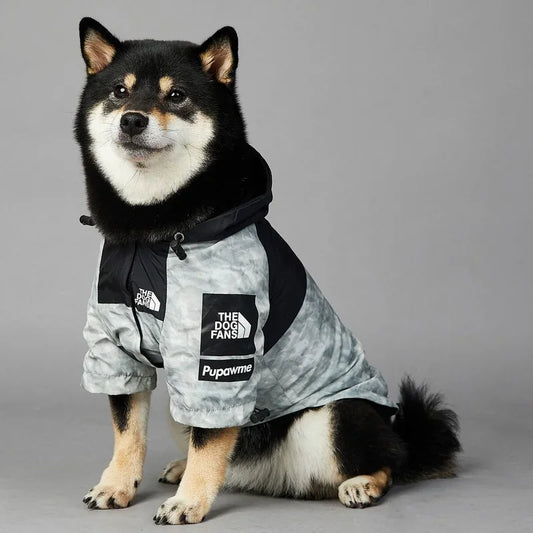 Dog wearing a gray and black coat with visible branding on a gray background