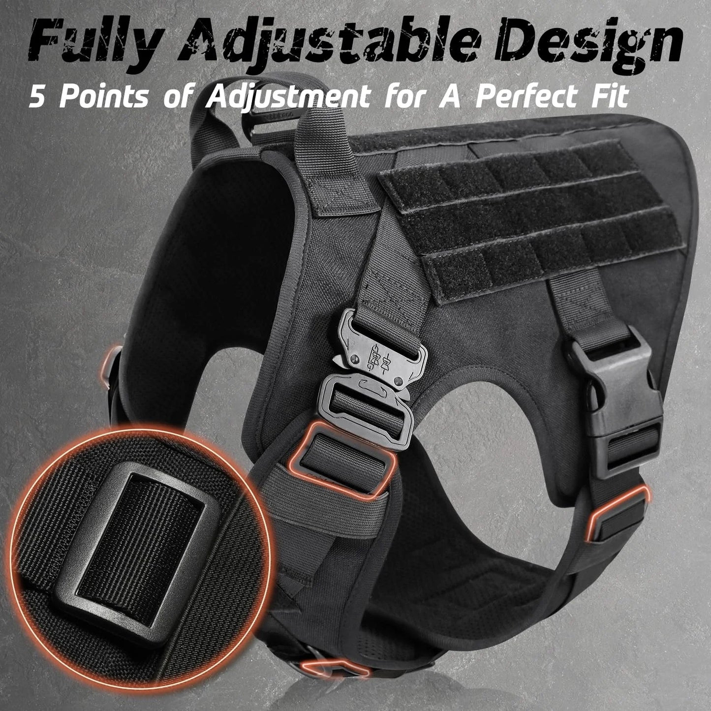 Black dog harness with adjustable design on a gray background