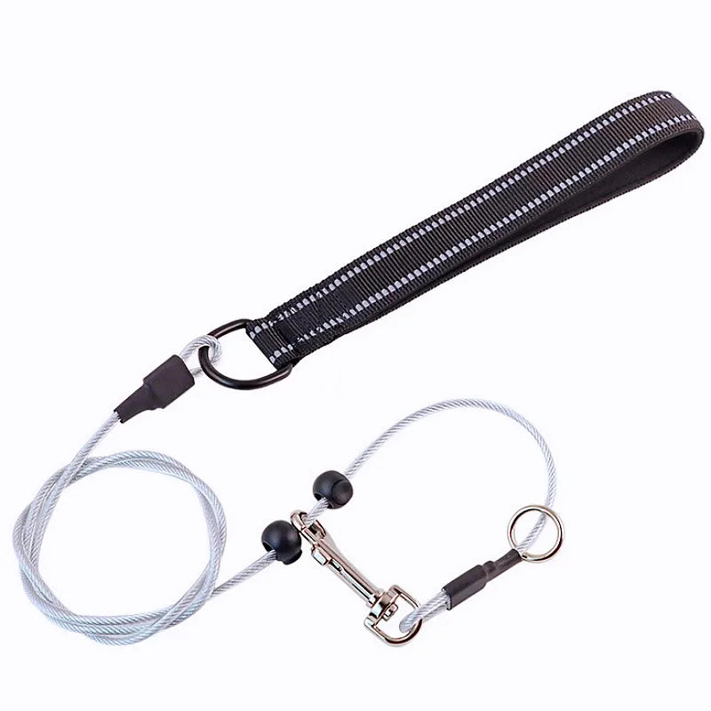 A black nylon pet leash with reflective stitching, a black metal D-ring, and a silver steel cable with a spring clip and key ring, shown on a plain white background.