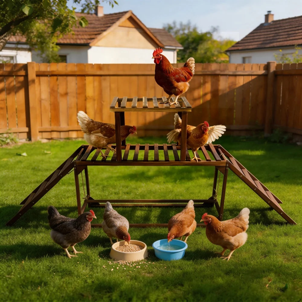 Hens gathered around a feeding station in a backyard with a wooden fence and houses in the background.