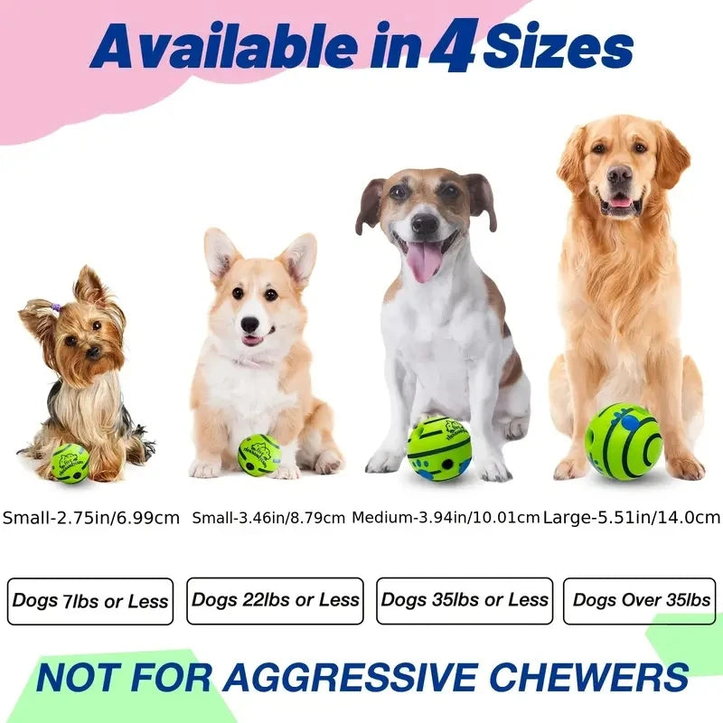 Dog toys with size chart and weight guidelines on a white background