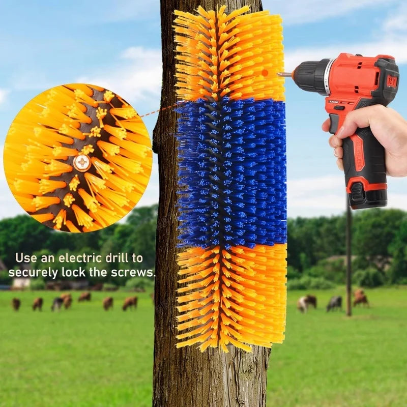 Tree support system with orange and blue bristle attachments being secured by an electric drill in a field.