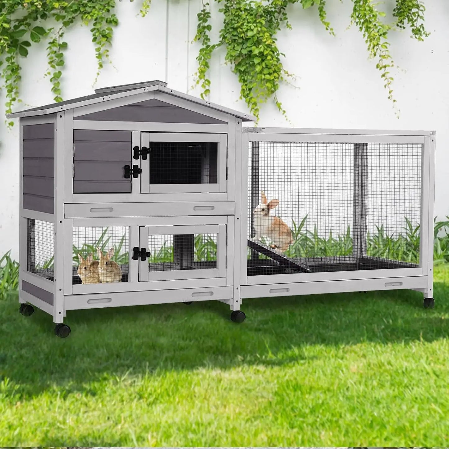 2-Story Rabbit Hutch Full Metal Frame- 62" with 6 locking casters