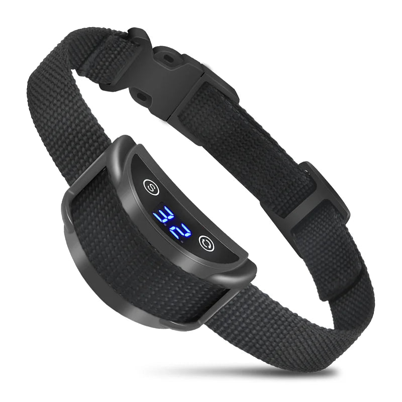 Black electronic dog collar with digital display on a white background