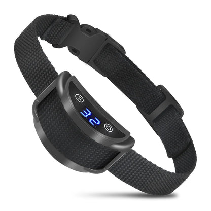 Black electronic dog collar with digital display on a white background