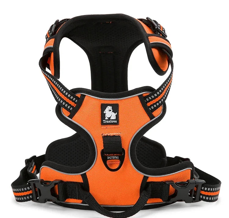 Orange dog harness with black straps on a white background