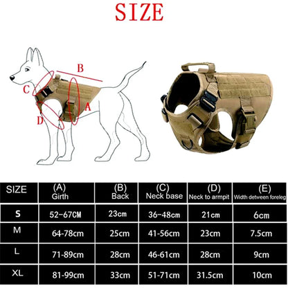 Dog harness with size chart and measurement guide on a white background