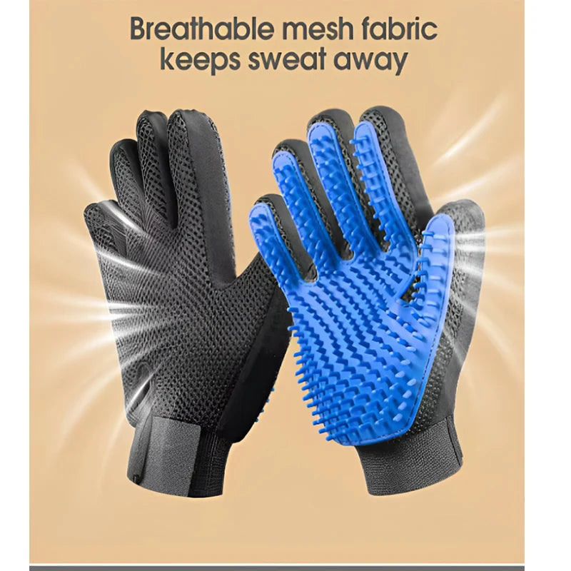 Black and blue grooming gloves with text on a beige background