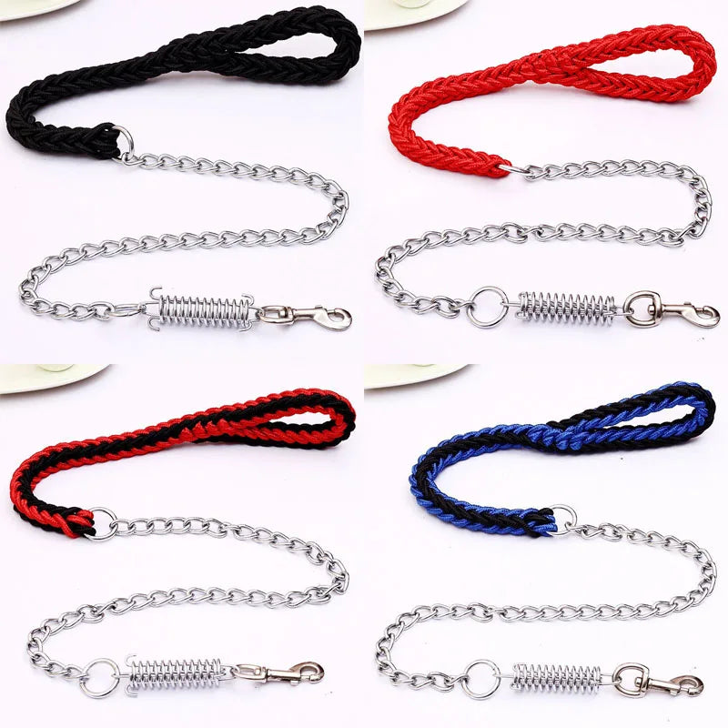 Four braided rope chain leashes shown in different color combinations: black, red, red-and-black, and blue-and-black, each with silver metal spring clips and rings on a white background.