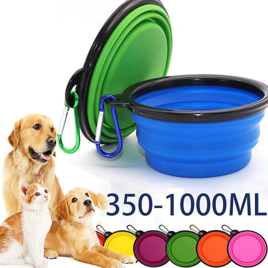 Collapsible pet water bowl with carabiner, dog, and cat on a white background