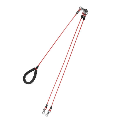 Red dog leash with black handle and metal clips on a white background