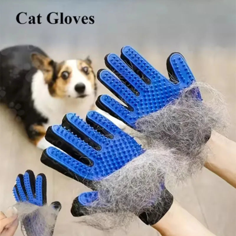 Blue pet grooming glove with pet hair, held by a person, with a dog in the background.