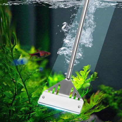 Aquarium cleaning tool with fish and plants in the background