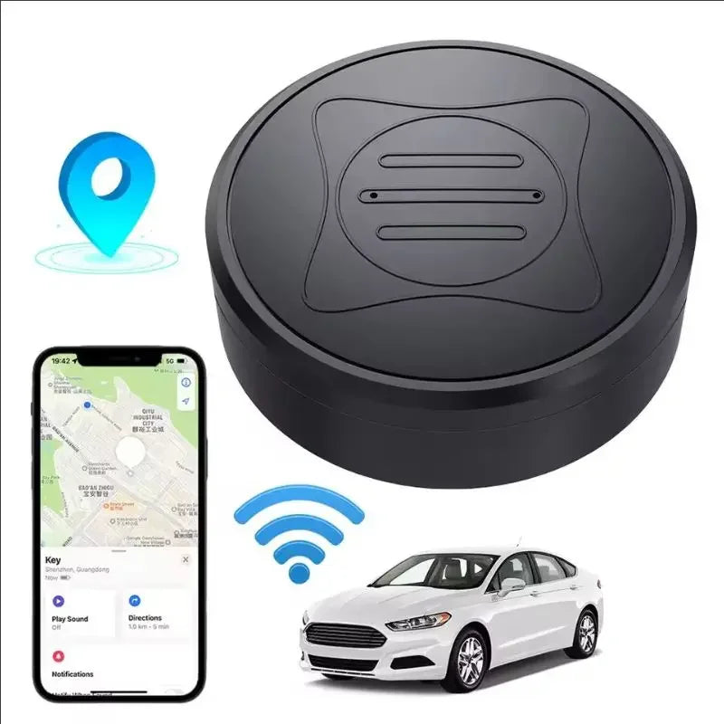 Black GPS tracker with smartphone app, car, and map icons on a white background