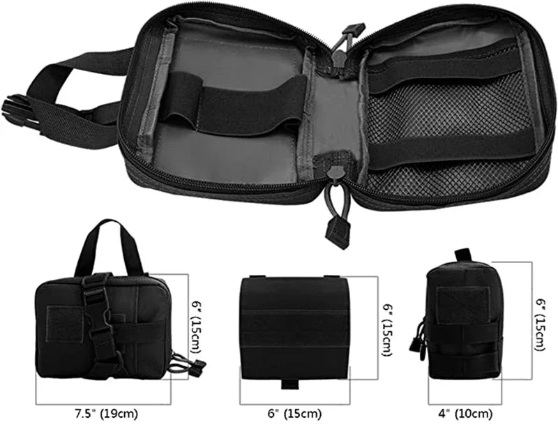 Black tactical pouch with measurements displayed below