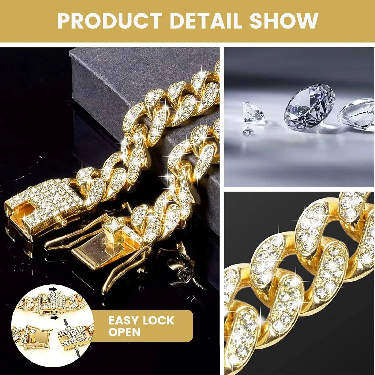 Gold chain bracelet with diamond accents and close-up of diamonds on a dark background.