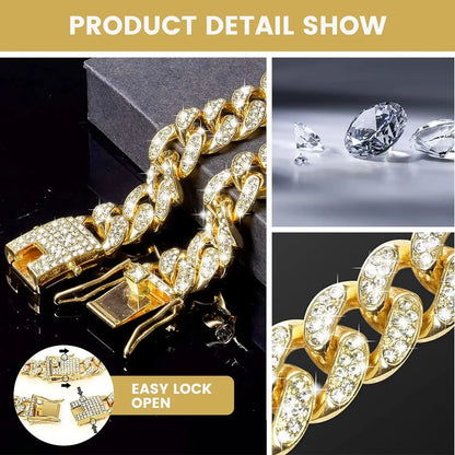 Gold chain bracelet with diamond accents and close-up of diamonds on a dark background.