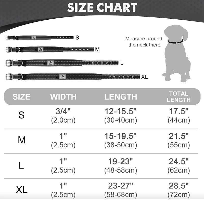 Size chart for dog collars with measurements and a silhouette of a dog.