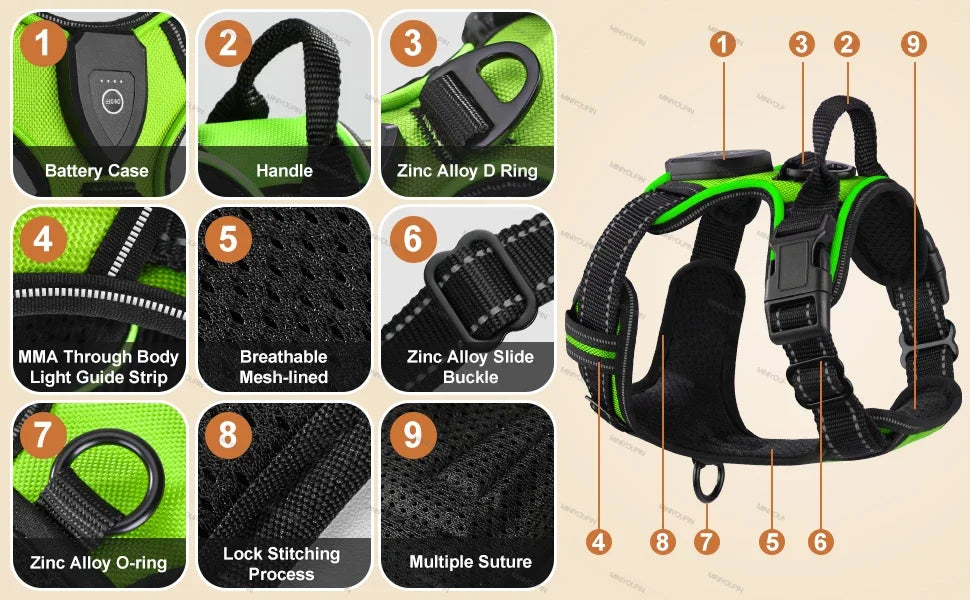 Led luminous Dog Harness No Pull Adjustable Rechargeable
