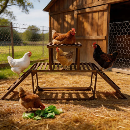 Chickens on a wooden platform in a barnyard setting