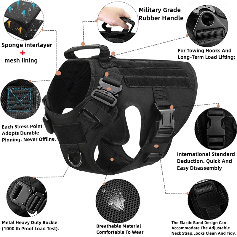 Black dog harness with features highlighted in small circular insets.