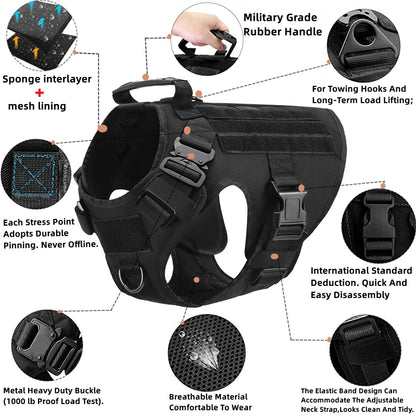 Black dog harness with features highlighted in small circular insets.
